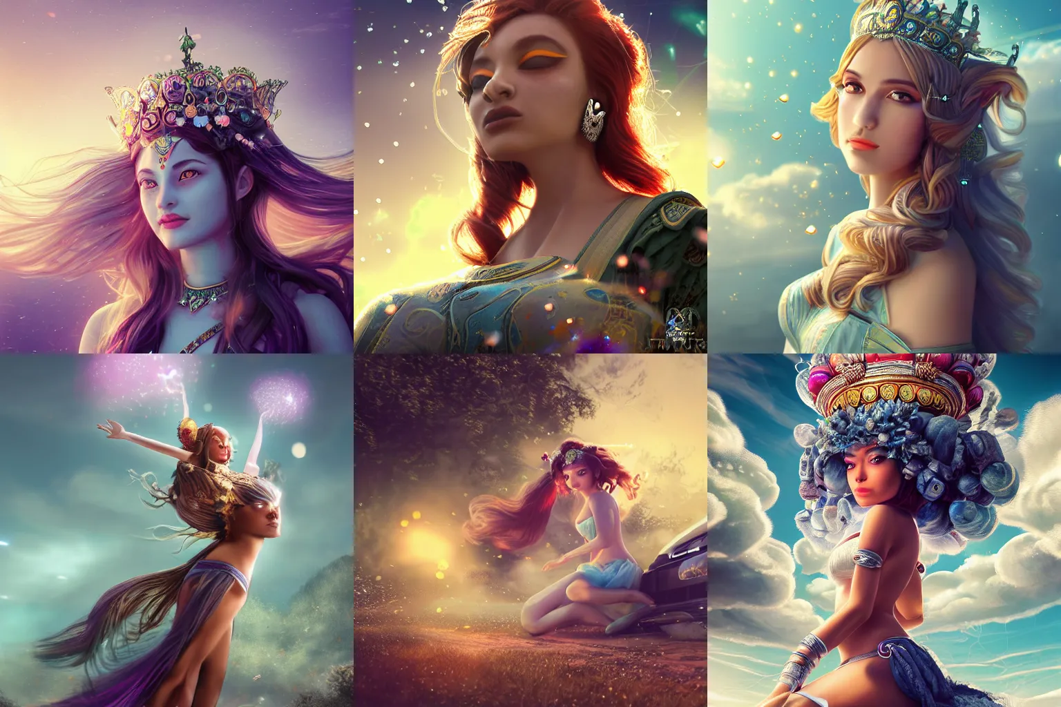 Prompt: a beautiful female goddess of volkswagen character, character is in all its glory, character is in her natural relaxed pose, rim lights, particles and dust in the air, fancy clouds, highly detailed professional photo, dynamic lights, particles are flying, depth of field, trending on artstation, illustration, hyper realistic, vray caustics, super detailed, colorful accents, cinematic shot