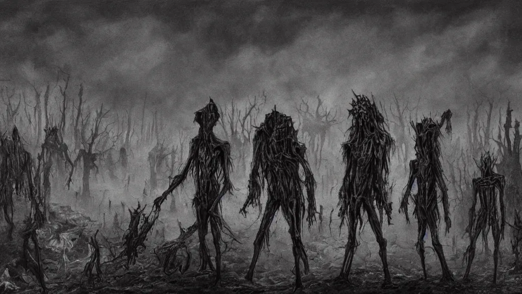 Prompt: dark detailed landscape, chilling overwhelming blood oil painting, brutal fantasy hell of unknown creatures, dreadful and creepy lifeless skinny slendermen