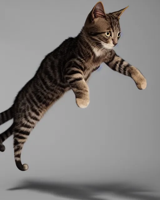 Image similar to full body 3d render of a cat leaping mid air as a stylized action figure, studio lighting, white background, blender, trending on artstation, 8k, highly detailed