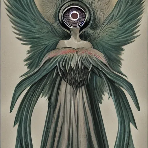 Image similar to giant imposing seraphim with many eyes and many wings, eyes for feathers, glowing, terrifying