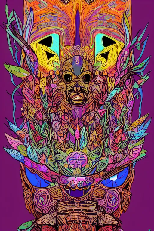 Image similar to animal mask totem roots flower tribal feather gemstone plant wood rock shaman vodoo video game vector cutout illustration vivid multicolor borderlands comics by josan gonzales and dan mumford radiating a glowing aura