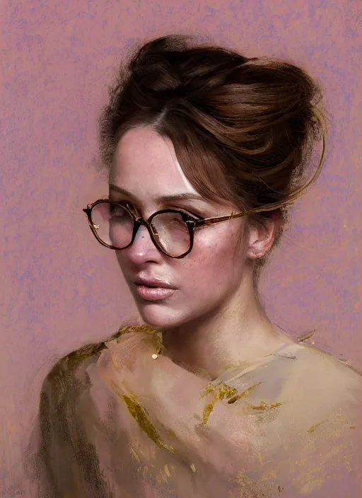 Prompt: portrait of a beautiful woman with light brown hair in a loose bun, soft pink lips, sparse freckles, rounded face, wearing rounded glasses with gold frames, with sparkling hazel eyes, by Jeremy Mann, stylized, detailed, loose brush strokes, pastel colors, warm tones, touches of gold leaf