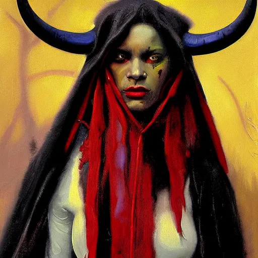 Prompt: painted portrait of an intimidating demon girl with ram horns and red skin, dressed in a cloak. oil painting, fantasy art by greg retkowski and john singer sargent, character design