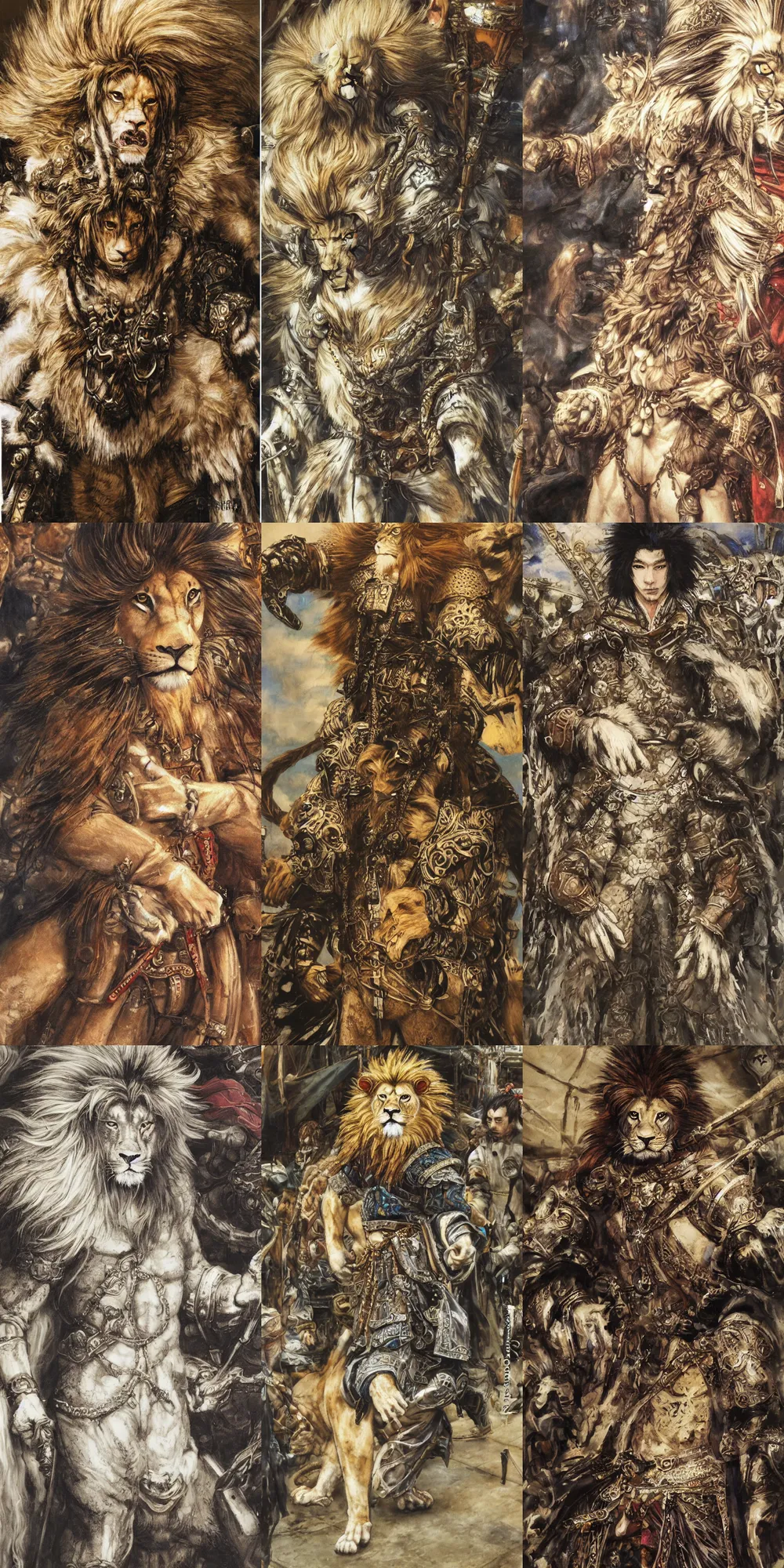 Image similar to 8 k yoshitaka amano painting of upper body of a young cool looking lion beastman with white mane at a medieval market at windy day. depth of field. he is wearing complex fantasy clothing. he has huge paws. renaissance style lighting.