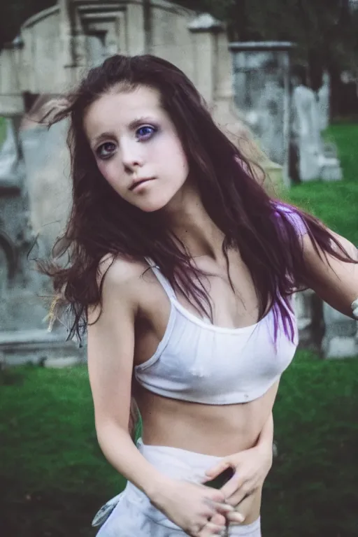 Image similar to close up of a egirl doing a shuffle dance in an abandoned graveyard, aesthetic!! highly symmetric body parts, clean composition, outdoor lighting, beautiful highly symmetric face, gazing eyes