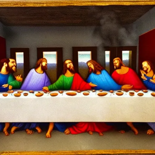 Prompt: The Last Supper, made of colored smoke