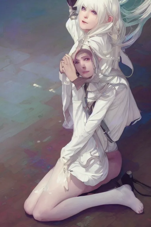 Image similar to a white haired girl with a guitar on her back sitting on the floor taking off her socks, 4 5 angel by krenz cushart and mucha and akihito yoshida and greg rutkowski, 4 k resolution