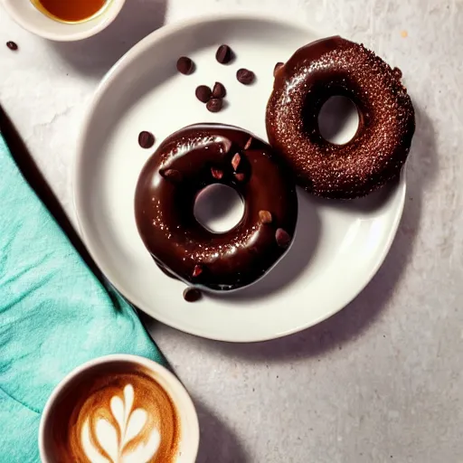 Prompt: beautiful hazelnut donut with chocolate glazing, on a cute plate with a cup of coffee