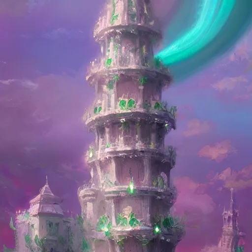 Image similar to a delicate ornate white fantasy tower with pink and green decoration splashes upwards from a turbulent ocean, dramatic lighting, rich colors, beautiful oil painting, artstation