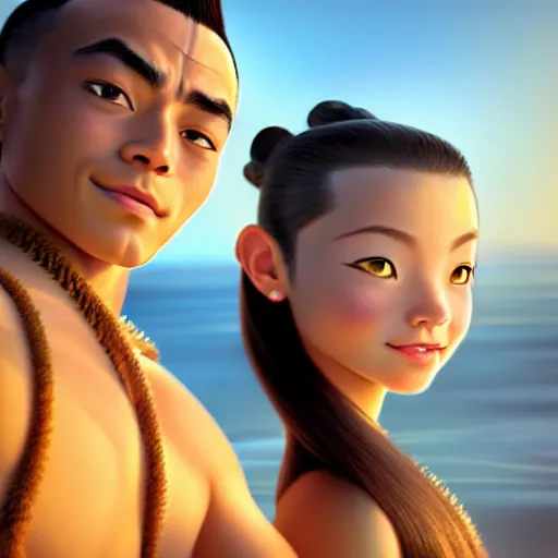 Image similar to beautiful serene intricate photograph of sokka and suki taking a selfie, smiling softly, relaxing on the beach, golden hour, soft focus, 8 k, art by irakli nadar, hyperrealism, hyperdetailed, ultra realistic