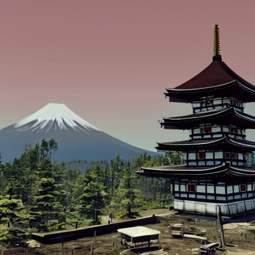 Image similar to chureito pagoda at mount fuji in ruins post - nuclear war in fallout 4, in game screenshot