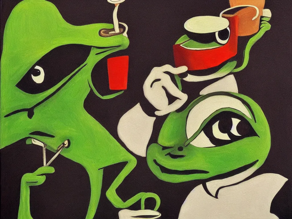 Image similar to portrait of a cyclops pepe! the frog! drinking coffee in the style of dali, oil painting