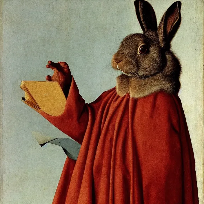 Prompt: the rabbit has a message for you, by jan van eyck