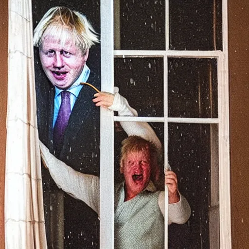 Prompt: a photo taken from the inside of an old house showing the curtains of a window being pulled back to reveal a terrifying boris johnson with his face pressed against the window, boris ’ hand placed on the window, horrifying grin. raining, thunderstorm, night time