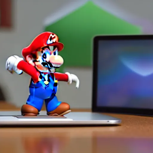 Prompt: photo of super mario working on his macbook, highly detailed, extremely high quality, hd, 4 k, 8 k, professional photographer, 4 0 mp, lifelike, top - rated, award winning, realistic, detailed lighting, detailed shadows, sharp, no blur, edited, corrected, trending