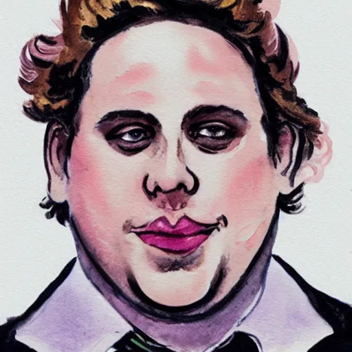 Image similar to jonah hill, stylized. Watercolor and ink. 1970s.