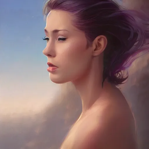 Image similar to woman, cute - fine - face, pretty face, oil slick hair, realistic shaded perfect face, extremely fine details, realistic shaded lighting, dynamic background, artgerm, 8 k ultra realistic, highly detailed, art by raphael lacoste, sylvain sarrailh, alena aenami, jeremy lipkin, michael garmash, ando tadao, kan liu