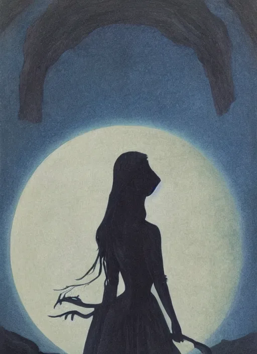 Image similar to surrealism, low polygon, a dark witch in front of the full big moon, painting by abercrombie, gertrude