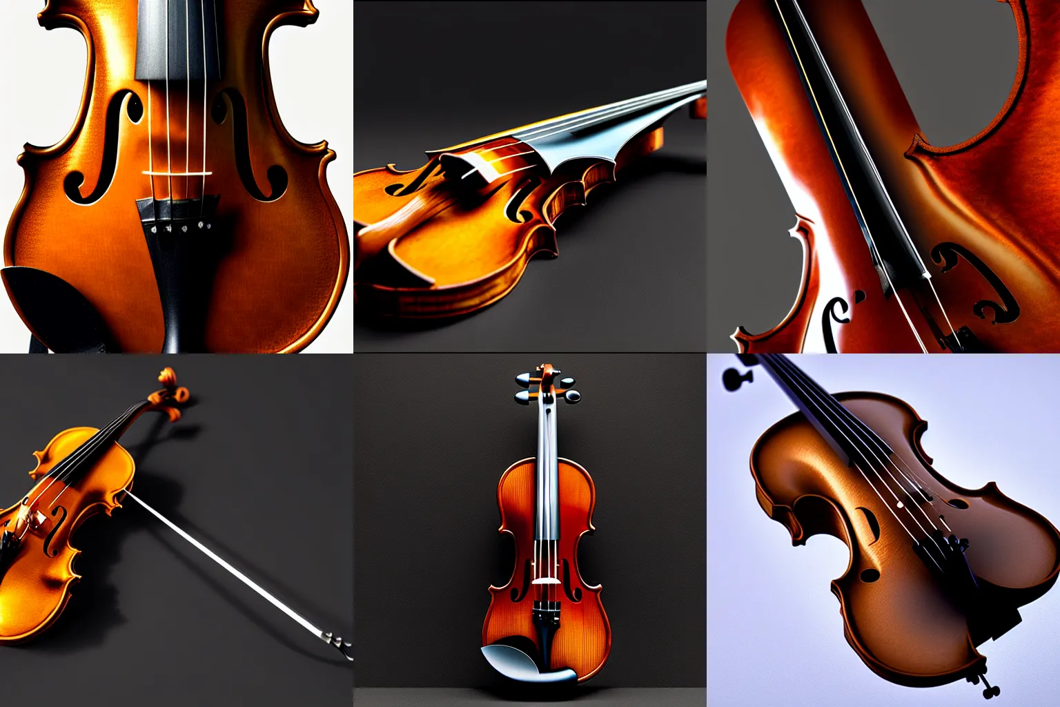 Prompt: cyberpunk stradivari violin, stainless steel, octane render, 8K, matte glossy, award winning photo, elegant, high-quality material