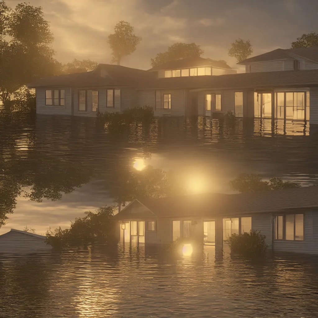 Prompt: my dream of flooded 1 9 5 0 s suburban house, golden hour, uncanny, front door, two windows, garage door, overly happy, harsh lighting, featured on artstation, volumetric lighting