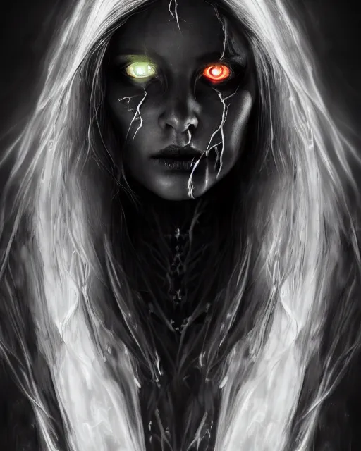 Prompt: dreamy portrait of a beautiful female personification of death with black veins and glowing eyes, ultra realistic, highly detailed, hd, sharp focus, cinematic lighting, mood lighting, realistic, photorealistic, vivid colors, painting, photograph, digital art, non blurry, sharp, artstation, concept art, smooth, illustration