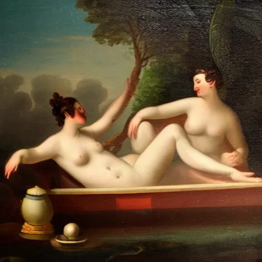 Prompt: an 1 8 th century oil painting of two beautiful lovers in a tub together