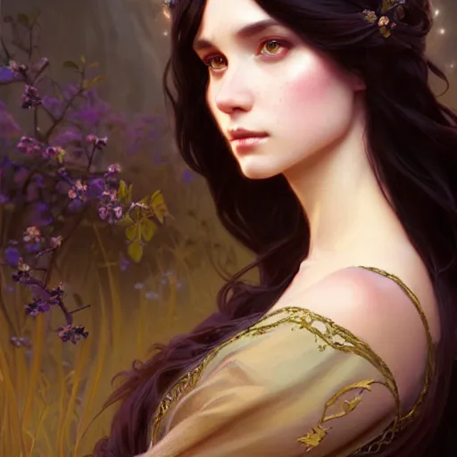 Image similar to a beautiful princess, long dark hair and bangs, fantasy, intricate, elegant, highly detailed, digital painting, artstation, concept art, matte, sharp focus, illustration, art by Artgerm and Greg Rutkowski and Alphonse Mucha