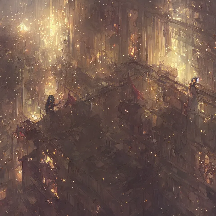 Image similar to firework festival on a balcony at night, greg rutkowski, krenzcushart, nier automata enviroment concept art, makoto shinkai, alphonse mucha