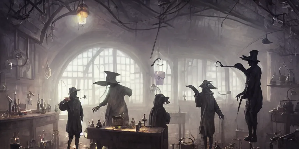 Image similar to a plague doctor and a humanoid rat in a laboratory with lots of flasks filled with magic liquids and poisonous fog, stephen bliss, unreal engine, fantasy art by greg rutkowski, loish, rhads, ferdinand knab, ilya kuvshinov, rossdraws, tom bagshaw, global illumination, radiant soft light, detailed and intricate environment