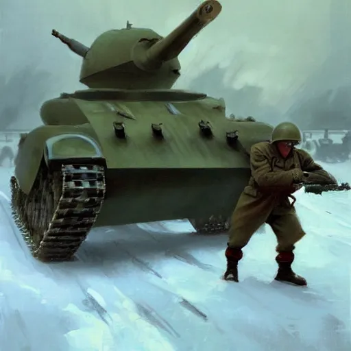 Image similar to greg manchess painting of a tank fight in the world war two in winter with a heavy snow storm, painting, trending on artstation, by huang guangjian and gil elvgren and sachin teng