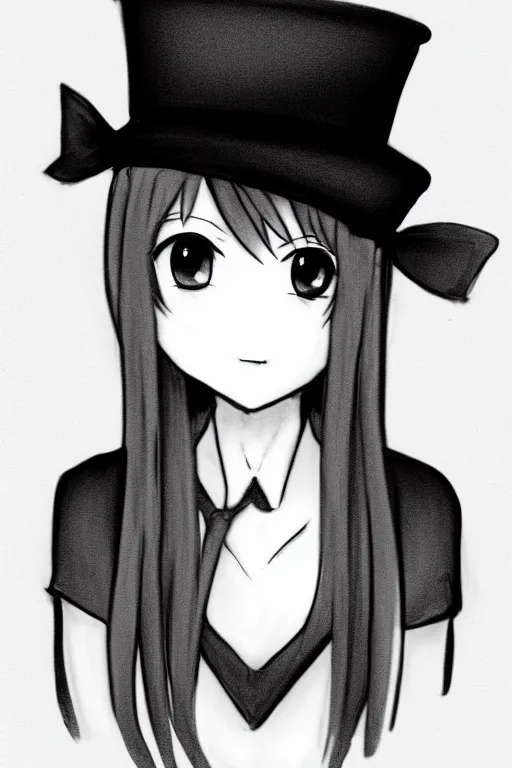 Image similar to cute loli in a tall black top hat, face profile, pencil sketch, gray scale, mysterious, anime style