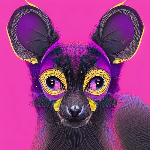 Prompt: Geometric symmetrical purple lemur, sun in the background, intricate, elegant, highly detailed, digital painting, artstation, concept art, smooth, sharp focus, illustration, art by artgerm