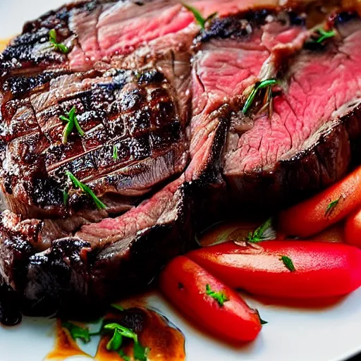 Image similar to high resolution photo of rib eye steak, michelin star, very tasty, food photography, instagram!!, trending