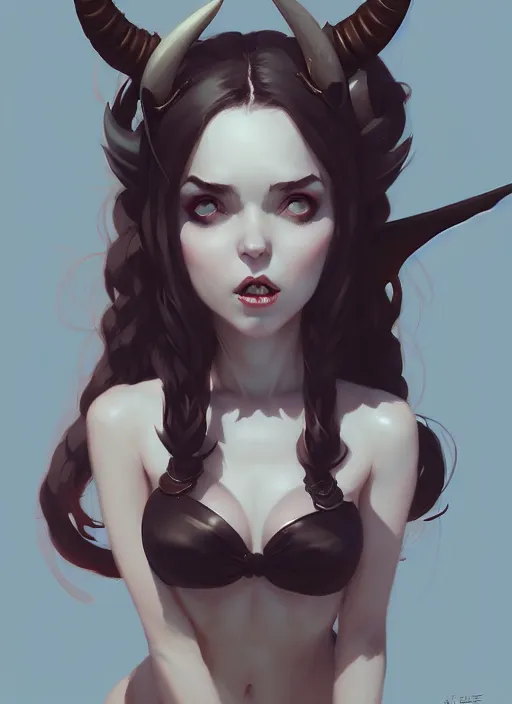 Image similar to portrait of cute succubus girl with horns, warhammer, by atey ghailan, by greg rutkowski, by greg tocchini, by james gilleard, by joe gb fenton, by in kaethe butcher, dynamic lighting, gradient light blue, brown, blonde cream and white color in scheme, grunge aesthetic