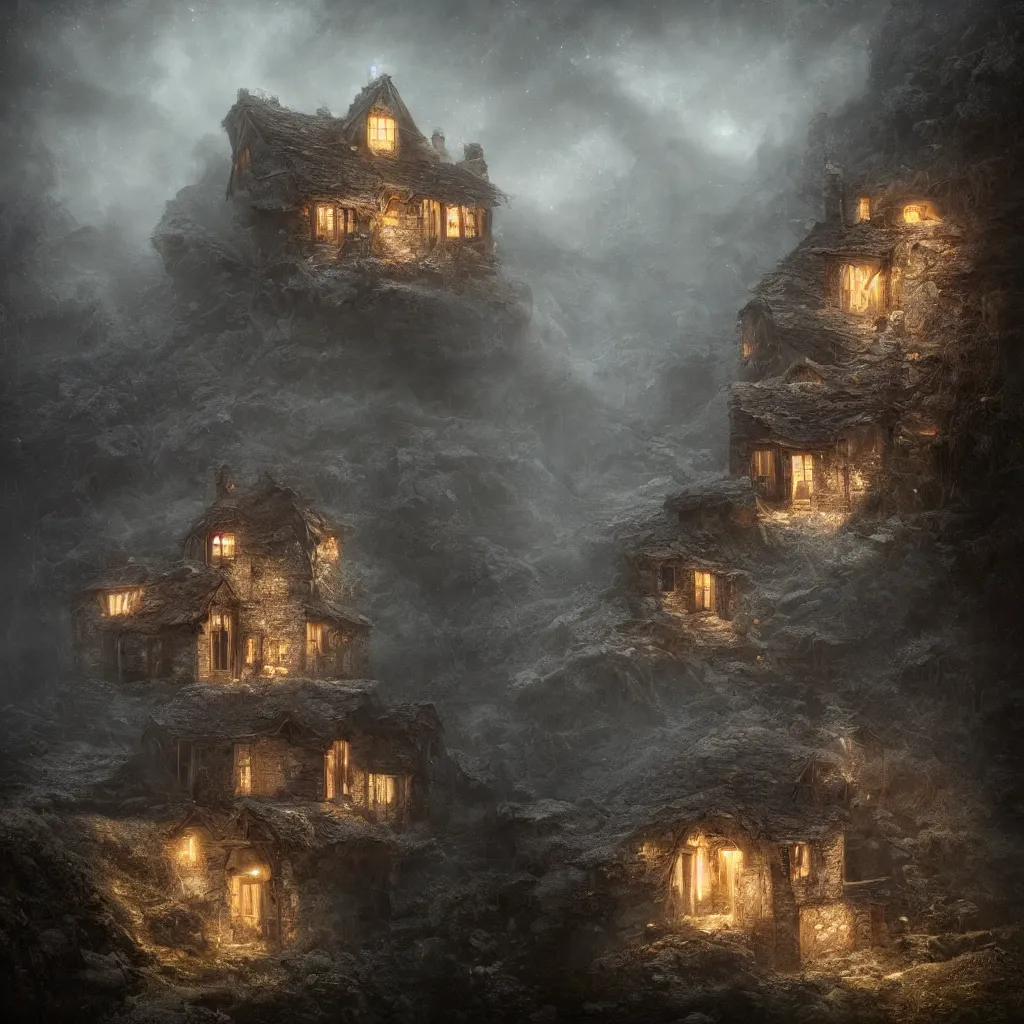 Image similar to A decrepit unlit cottage on a mountaintop at night, lit by a single torch, by Bastien LeCouffe-Deharme, hyperrealistic, V-Ray 8k UHD