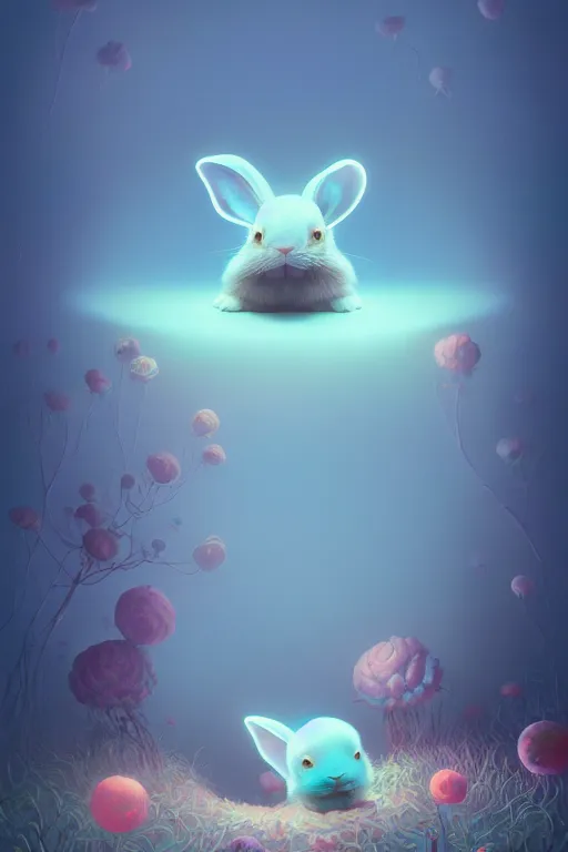 Image similar to a surreal Bioluminescent, very very very cute bunny in a happy world by Daniel Merriam, Trending on Artstation, oil on Canvas by Elena Zhurikhina and Goro Fujita and Charlie Bowater, octane render, 4k, 8k, HD