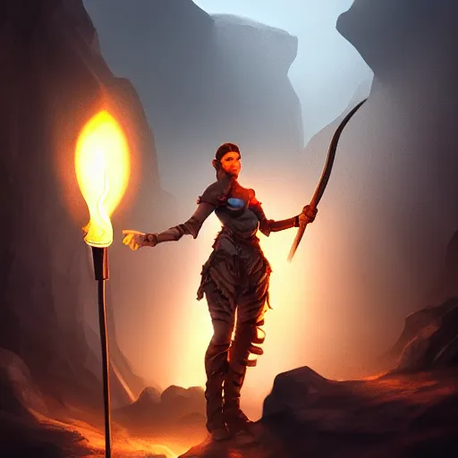 Image similar to a epic hero adventurer holding a torch in a dark cave, artgerm, realistic, cryengine, symmetric