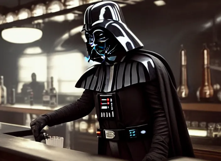 Image similar to film still of Darth Vader working as a bartender in the new Star Wars movie, 4k