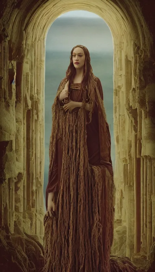 Prompt: Concept Art of cinematography of Terrence Malick film stunning portrait of featuring Kat Dennings as an ancient babylonian priestess, by Monia Merlo