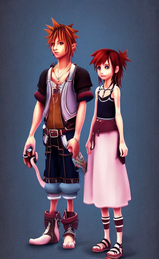 Prompt: Kairi and Sora as American Gothic in the style of Kingdom Hearts concept art, unreal engine, 8k resolution