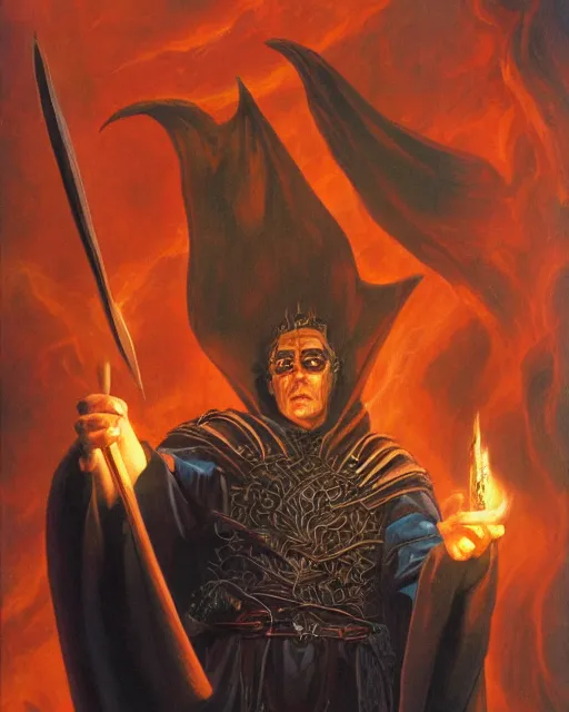 Prompt: portrait of Davis Hume as a powerful dungeons and dragons warlock, wearing dark robe, intricately detailed, realistic, oil painting, by jeff easley, boris vallejo, cinematic lighting