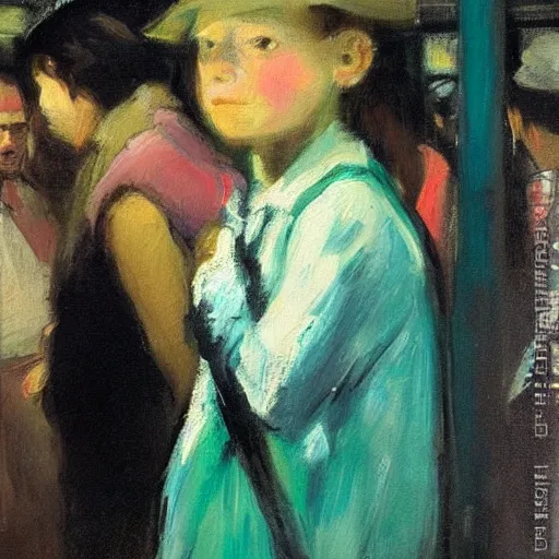 Image similar to “ a girl in the new york city subway, oil painting, by george bellows ”