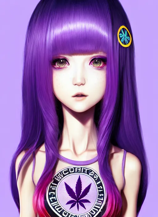 Image similar to richly detailed colored pencil 3 d illustration woman silky straight purple hair with iridescence wearing marijuana logo tshirt and short shorts, she staring at the camera happily art by range murata and artgerm.