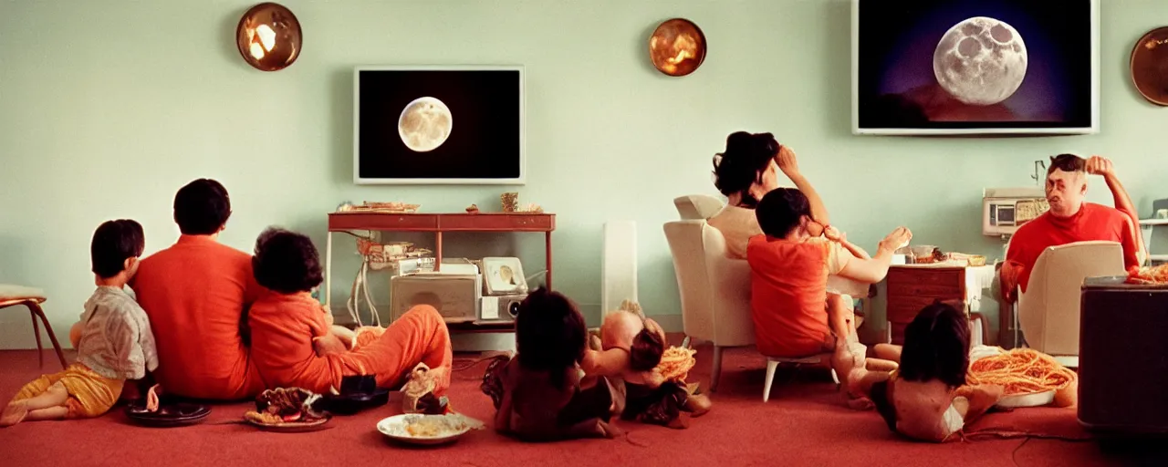 Image similar to a family eating spaghetti watching a tv showing the moon landing, in the style of diane arbus, canon 5 0 mm, wes anderson film, kodachrome, retro