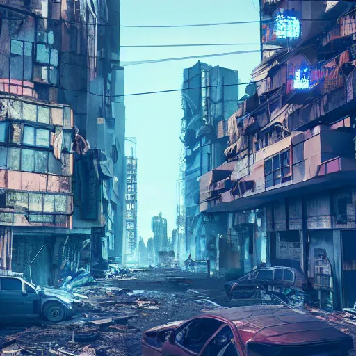 Image similar to decaying cyberpunk city, 4 k, 8 k, trending on artstation, artstation hd, artstation hq, octane render, high detail