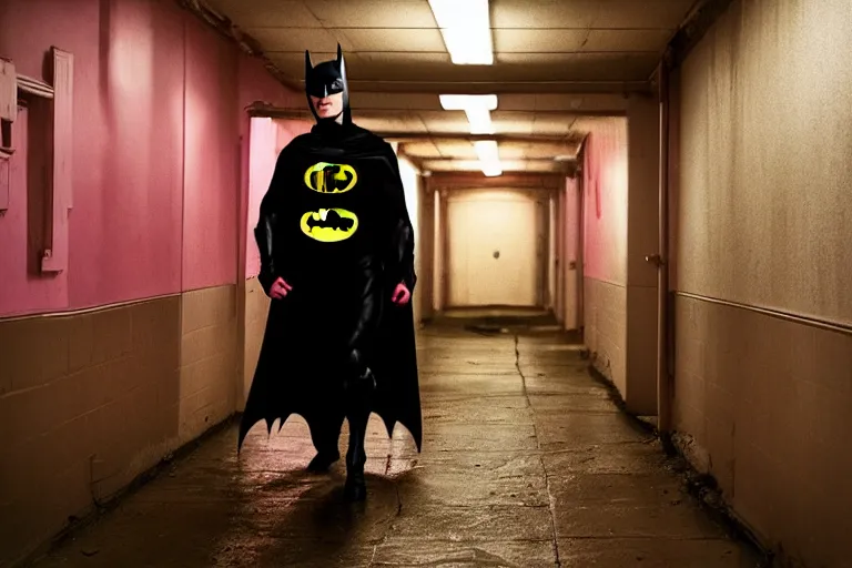 Image similar to michael keaton batman wearing pink apron wielding an axe, chasing through old brown decrepit hallway, creepy smile, atmospheric eerie lighting, dim lighting, bodycam footage, motion blur, photograph