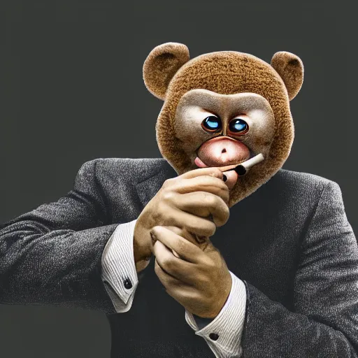 Image similar to a high detail closeup shot of a depressed monkey wearing a suit and smoking a cigar