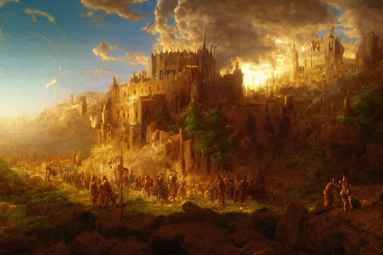 Prompt: a detailed matte landscape painting of king richard the lionhearted as a shonen anime protagonist attacking jerusalem, 8 k, volumetric lighting, in the style of disney, art by albert bierstadt and thomas moran