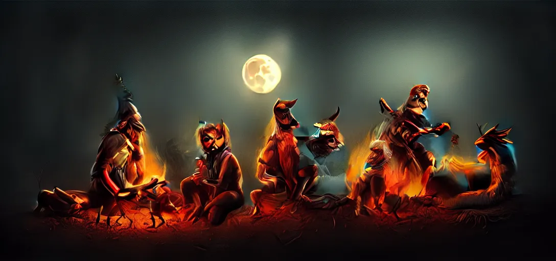 Image similar to strange mythical beasts of sitting around a fire under a full moon, surreal dark uncanny painting by ronny khalil