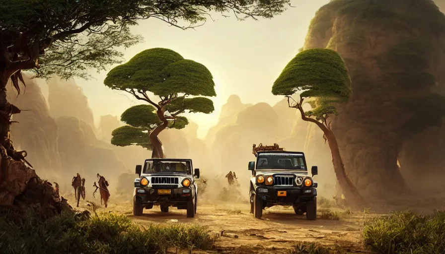 Image similar to mahindra thar driving through madagascar with baobabs trees, tribe members chasing for an attach, action scene, artgerm and greg rutkowski and alphonse mucha, an epic fantasy, volumetric light, detailed, establishing shot, an epic fantasy, trending on art station, octane render, midsommar